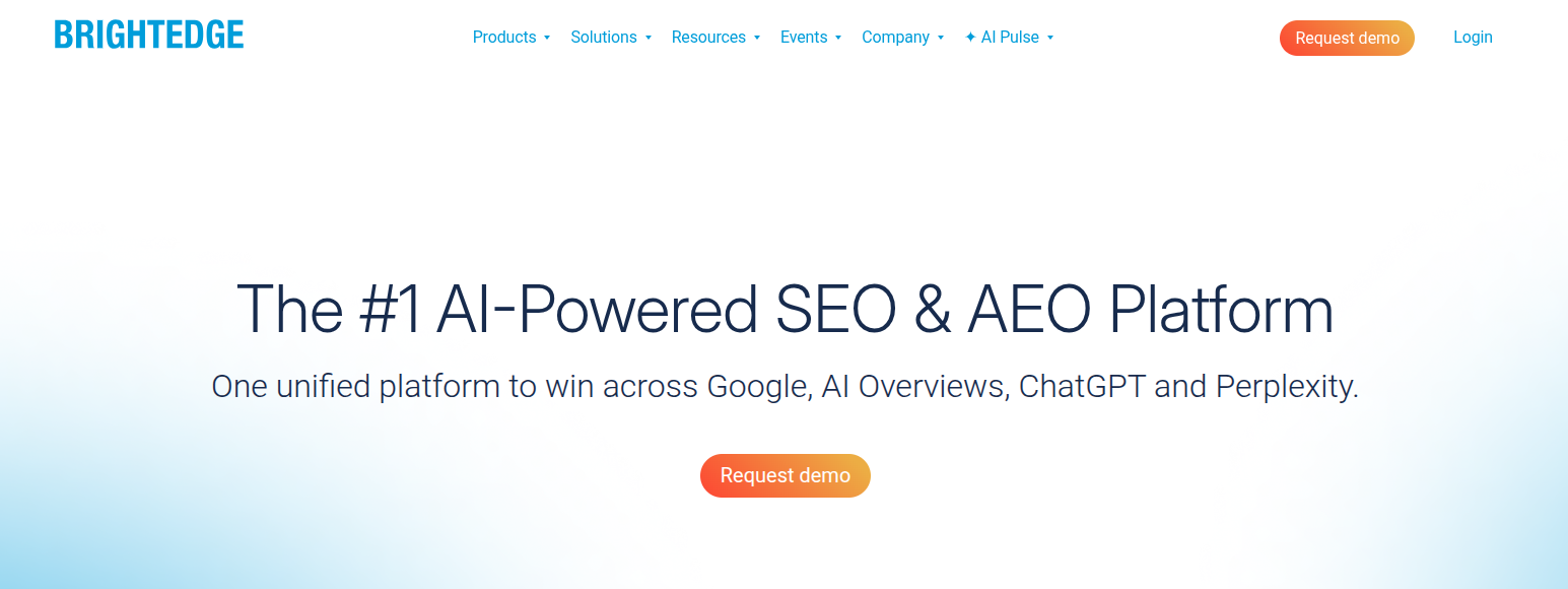 Screenshot of the BrightEdge homepage, an AI-powered SEO and AEO platform for Google, AI Overviews, ChatGPT, and Perplexity.