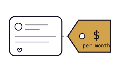A social media post tied by a string to a price tag, showing a monthly agency retainer plus ad spend.