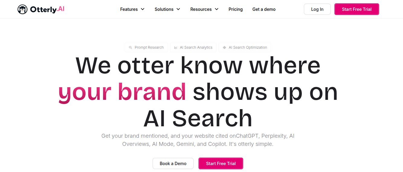 Screenshot of the Otterly.ai homepage, showing brand mention tracking across ChatGPT, Perplexity, AI Overviews, AI Mode, Gemini, and Copilot.